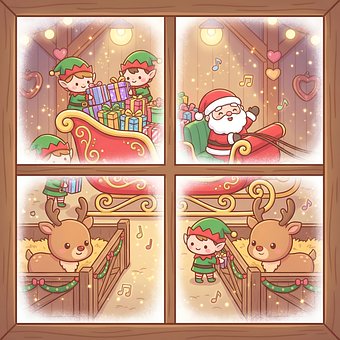 Navidad, Papá Noel, Duende, Reno, Trineo