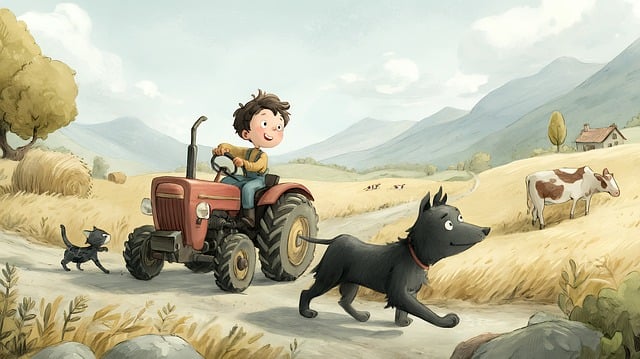 Free boy tractor dog illustration