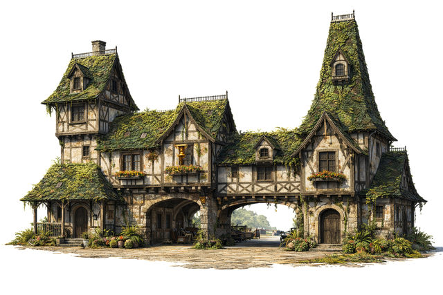 Free medieval gatehouse fantasy village old architecture illustration