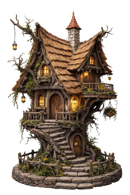 Free treehouse fantasy cottage whimsical house illustration