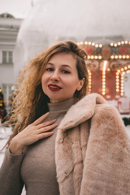 woman, new year tree, holiday, new year decor, city, winter, russian, christmas, new year, fashion style, street photography, moskva, faux fur coat, caucasian hair, landmark, curly hair, neon lights, grey sky, winter coat, night lights, pilgrimage, bad weather