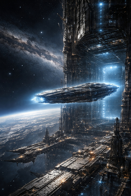 Free space megastructure intergalactic cruiser futuristic space station illustration