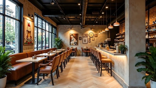 Behang, Restaurant, Bar, Stoelen, Tafels