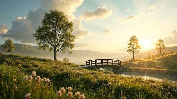 Behang, Brug, Natuur, Stromen, Landschap