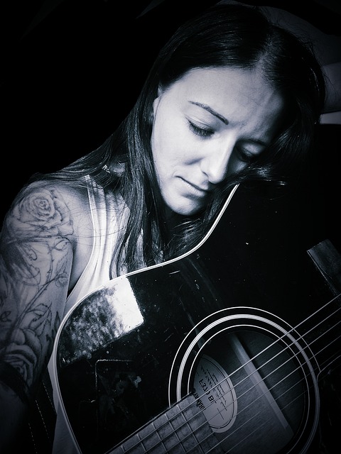 Frau, Traurig, Nachdenklich, Gitarre