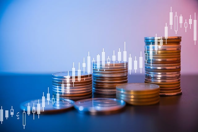Free cryptocurrency investment silver coin stacks candlestick charts illustration