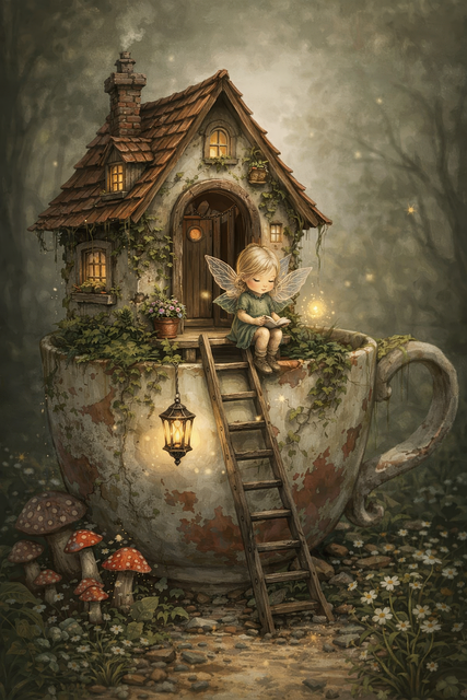 Free fairy house teacup cottage fantasy illustration illustration