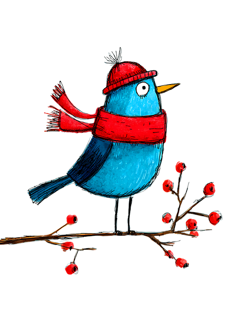 Free whimsical bird winter illustration berry branch illustration