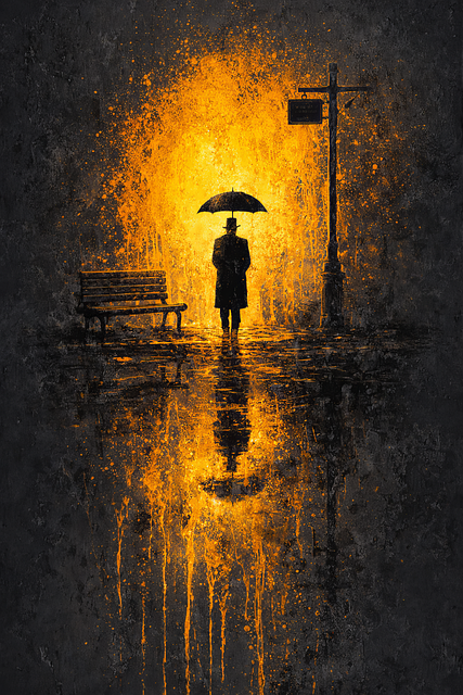 Free man with umbrella noir art rainy night illustration