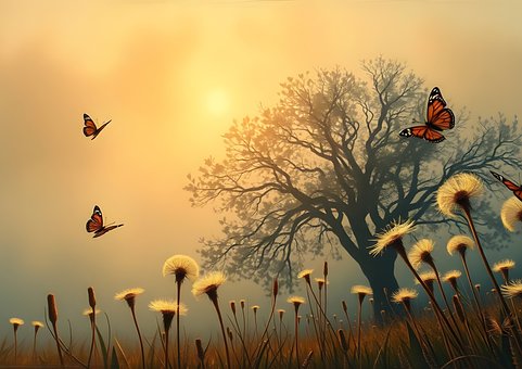 Vlinders, Paardenbloemen, Boom, Mist