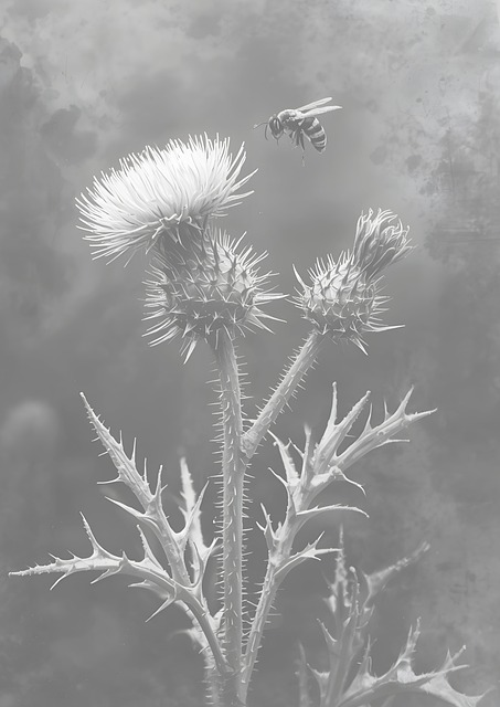 Distel, Bij, Natuur, Bloem, Grijs