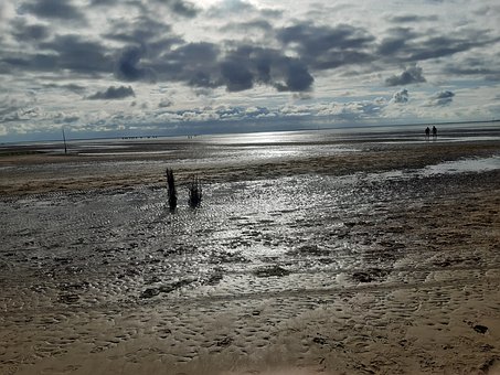 Costa, Barro, Sol Poniente, Nubes, Arena