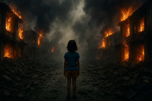 Niño, Guerra, Ruinas, Ciudad, Ardiendo