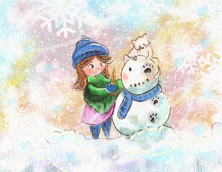 Winter, Sneeuw, Sneeuwman, Kat, Kind