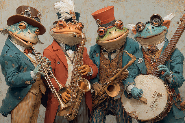 Download free HD stock image of Frog Band Free frog band musicians illustration