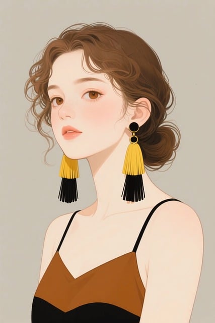 Free curly brown hair messy bun large tassel earrings illustration