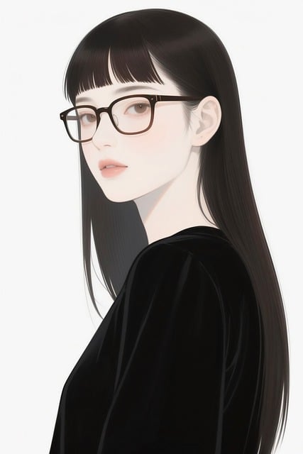 Free long black hair bangs black glasses illustration