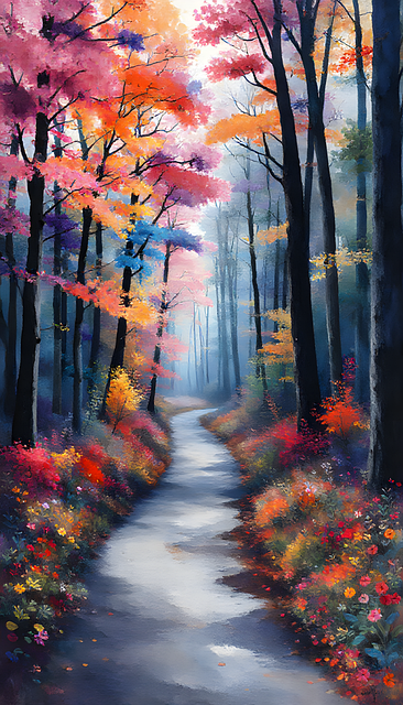 Free forest path autumn trees colorful leaves illustration