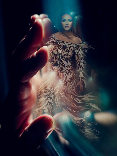 Täuschung, Hand, Frau, Reflexion, Glas