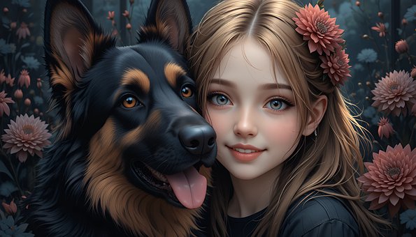 Niña, Perro, Flores, Retrato