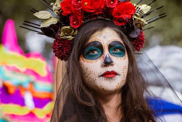makeup, woman, day of the dead, traditional, flower crown, red, black, festival, costume, face, face painting, red rose, thorn crown, headpiece, painting details, masquerade, elaborately decorated, cultural festival, carnival, art