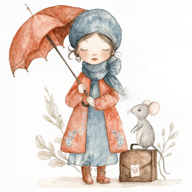 Free whimsical girl watercolor illustration child with umbrella illustration