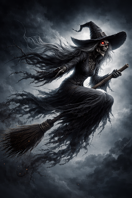 Free dark fantasy skeleton witch flying witch illustration
