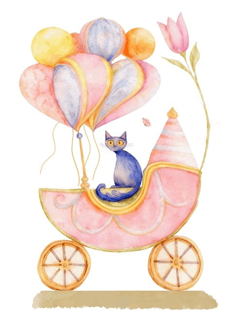 Free whimsical watercolor pastel illustration blue cat illustration