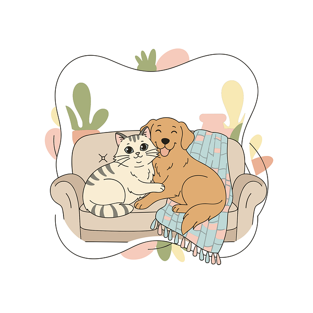 Free cozy home illustration pets on the couch dog and cat together illustration