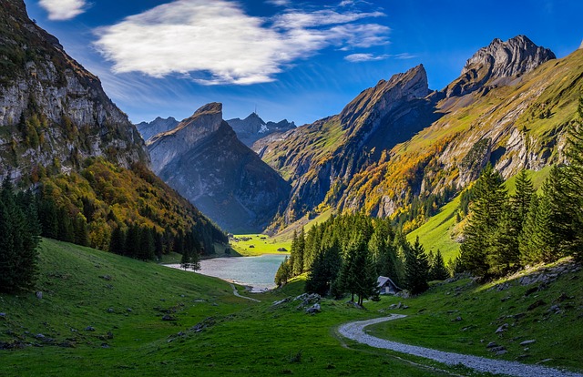 산, 나무, 떨어지다, 호수, Seealpsee, 물, 자취, 구름