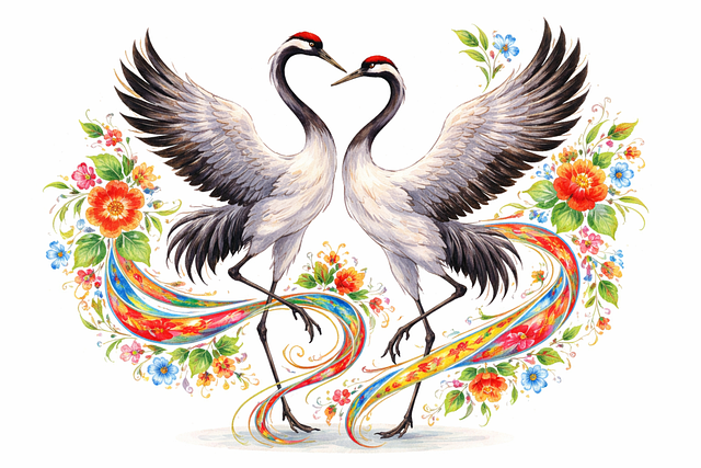 Free dancing cranes elegant birds red-crowned cranes illustration