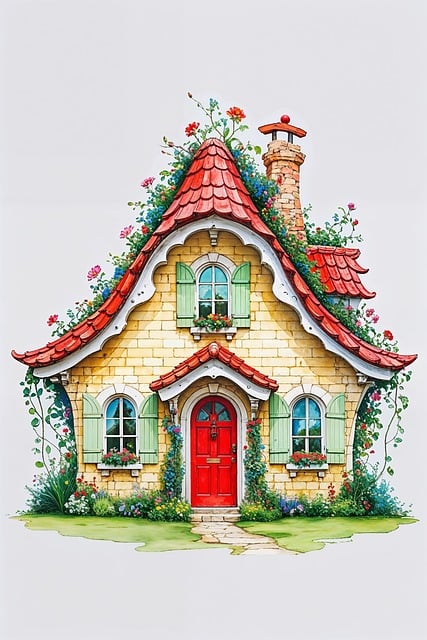 Free cottage fairytale red door illustration