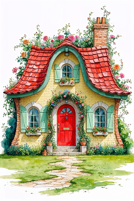 Free cottage fairytale red door illustration