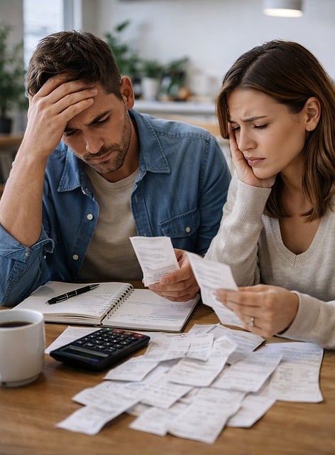 Pessoa preocupada revisando cobranças e boletos em casa, representando o estresse causado por dívidas de cheque especial
