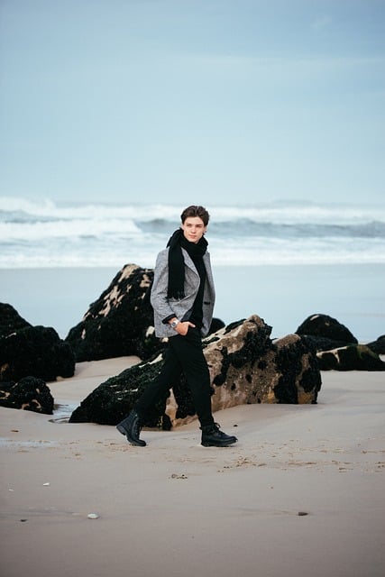 man, male, model, portrait, fashion, lifestyle, beach, winter, sea, blazer, scarf, turtleneck, checkered, jacket, moody, aesthetic, quiet luxury, dark academia, elegant, cold, overcast, nature, outdoor, style, cinematic, atmospheric