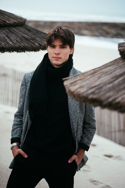 man, male, model, nature, portrait, fashion, lifestyle, beach, winter, sea, blazer, scarf, turtleneck, checkered, jacket, moody, aesthetic, quiet luxury, dark academia, elegant, cold, overcast, outdoor, style, cinematic, atmospheric