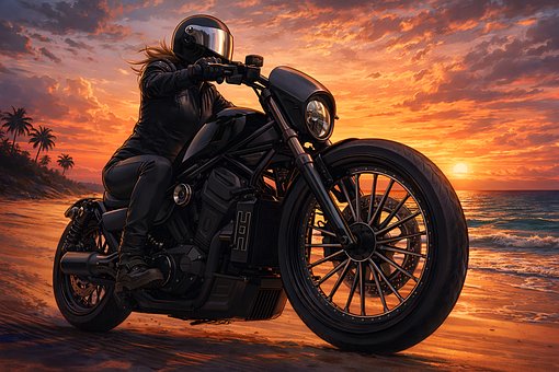 Motociclista, Mujer, Puesta De Sol