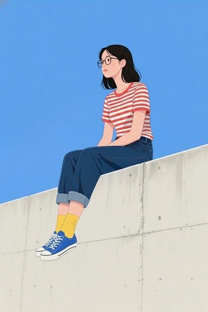 Free red white stripes striped t-shirt blue sneakers illustration