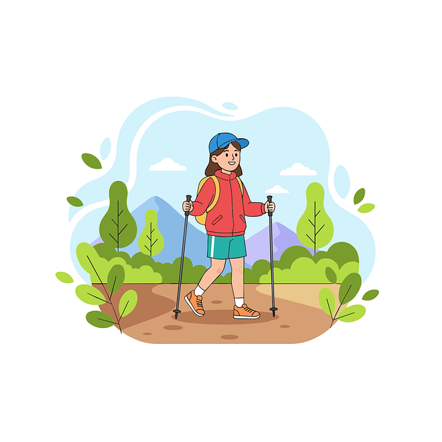 Free solo hiking woman hiker trekking poles illustration
