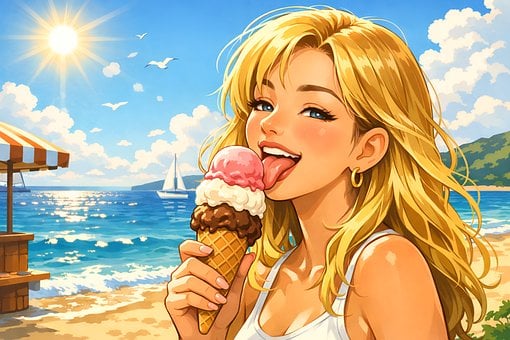 Chica, Helado, Playa, Puesta De Sol
