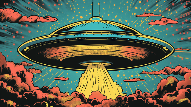 Free pop art ufo illustration alien spaceship vector art bold outline comic art illustration