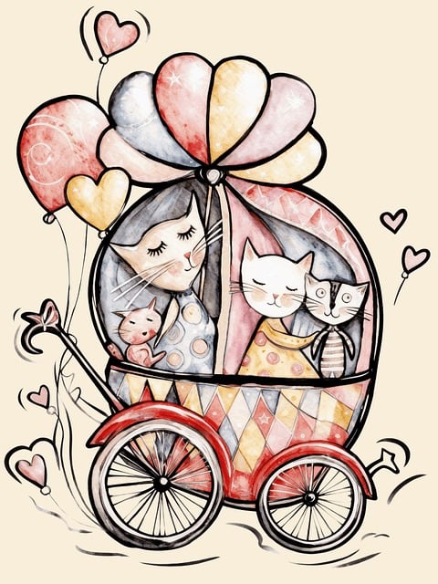 Free whimsical cat illustration pastel watercolor art carousel carriage illustration