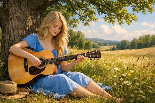 Niña, Guitarra, Tocando, Música