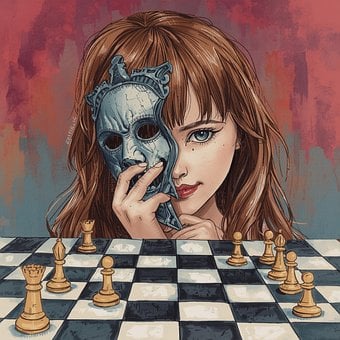 Schach, Maske, Mädchen, Kunst, Strategie