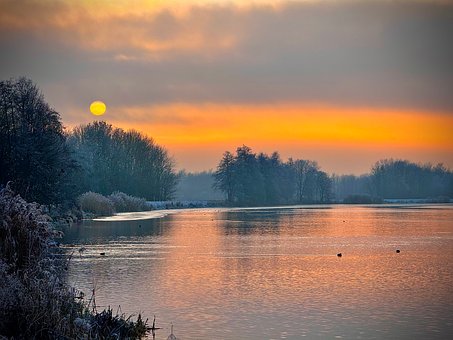 Fluss, Winter, Sonnenuntergang, Gefroren
