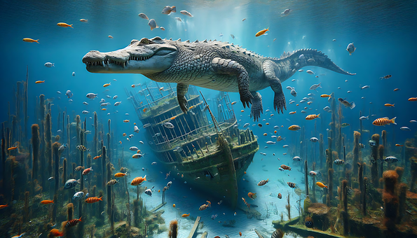 Crocodilo, Afundado, Navio, Mar, Oceano