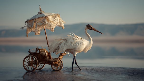 Vogel, Kranich, Wagen, Sonnenschirm, See