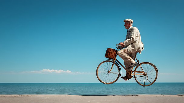Fahrrad, Älterer Mann, Korb, Meer