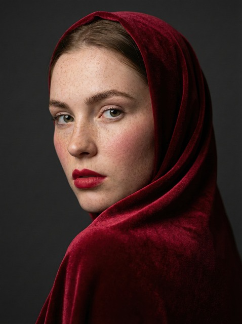 woman, portrait, freckles, red velvet, hood, headscarf, green eyes, red lips, beauty, fashion, elegant, mysterious, young, female, skincare, cosmetics, makeup, velvet, luxury, studio, artistic, classic, face, looking at camera, brunette