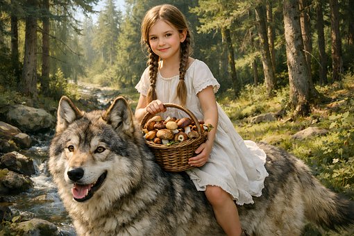 Niña, Lobo, Bosque, Naturaleza, Árboles